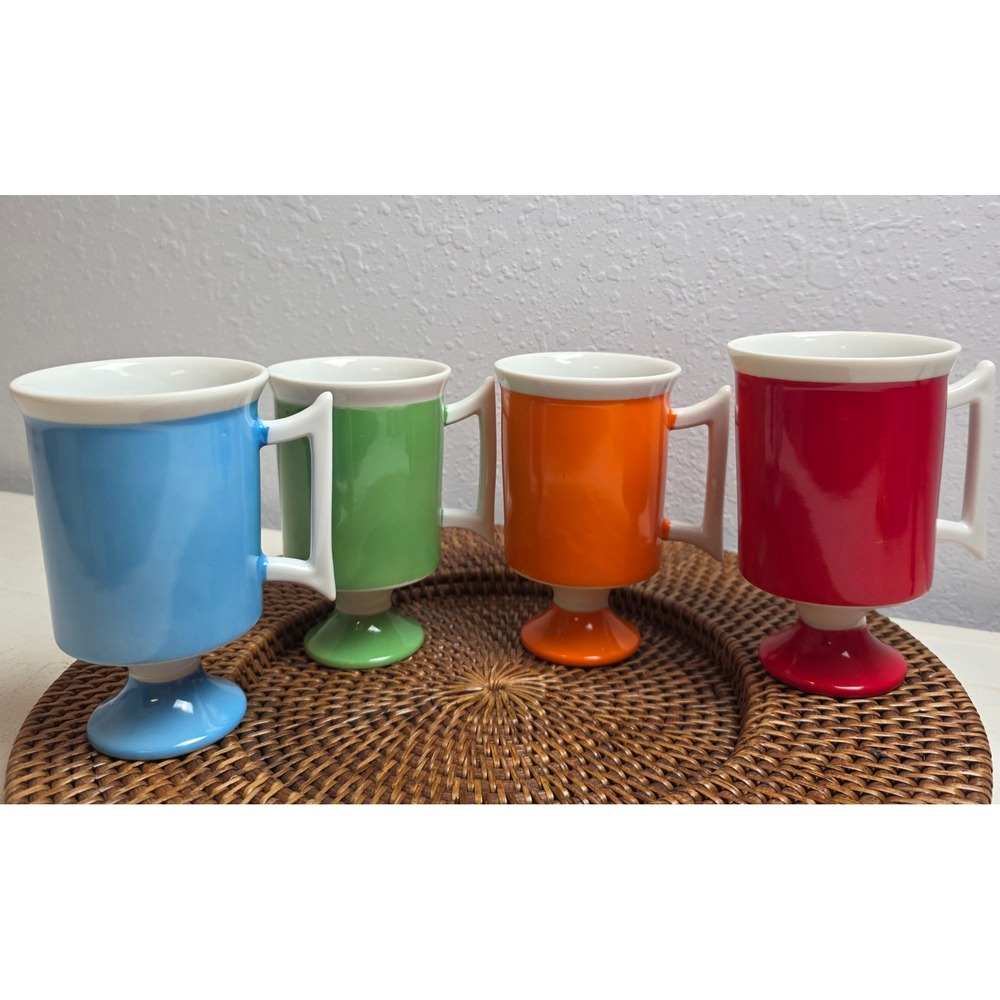 Vintage Corfu Footed Mugs Set of 4 Primary Colors MCM Pedestal Ceramic 3308S